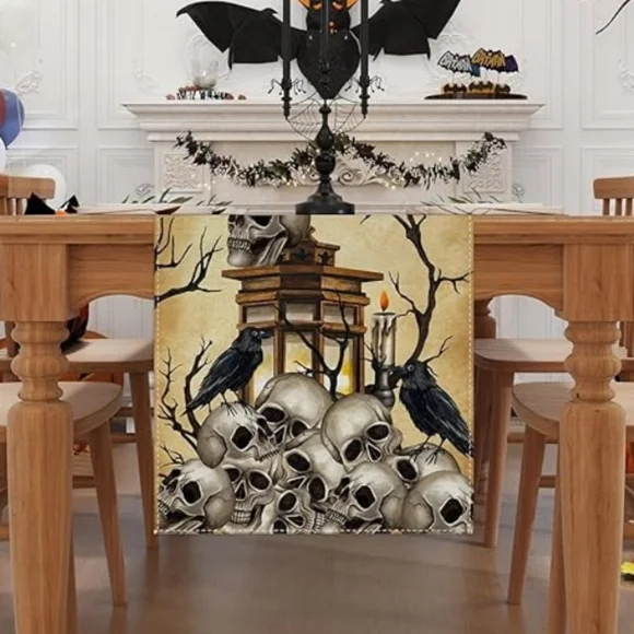 2/$20 Halloween Skull Raven Gothic Table Runner NWT - Picture 2 of 7